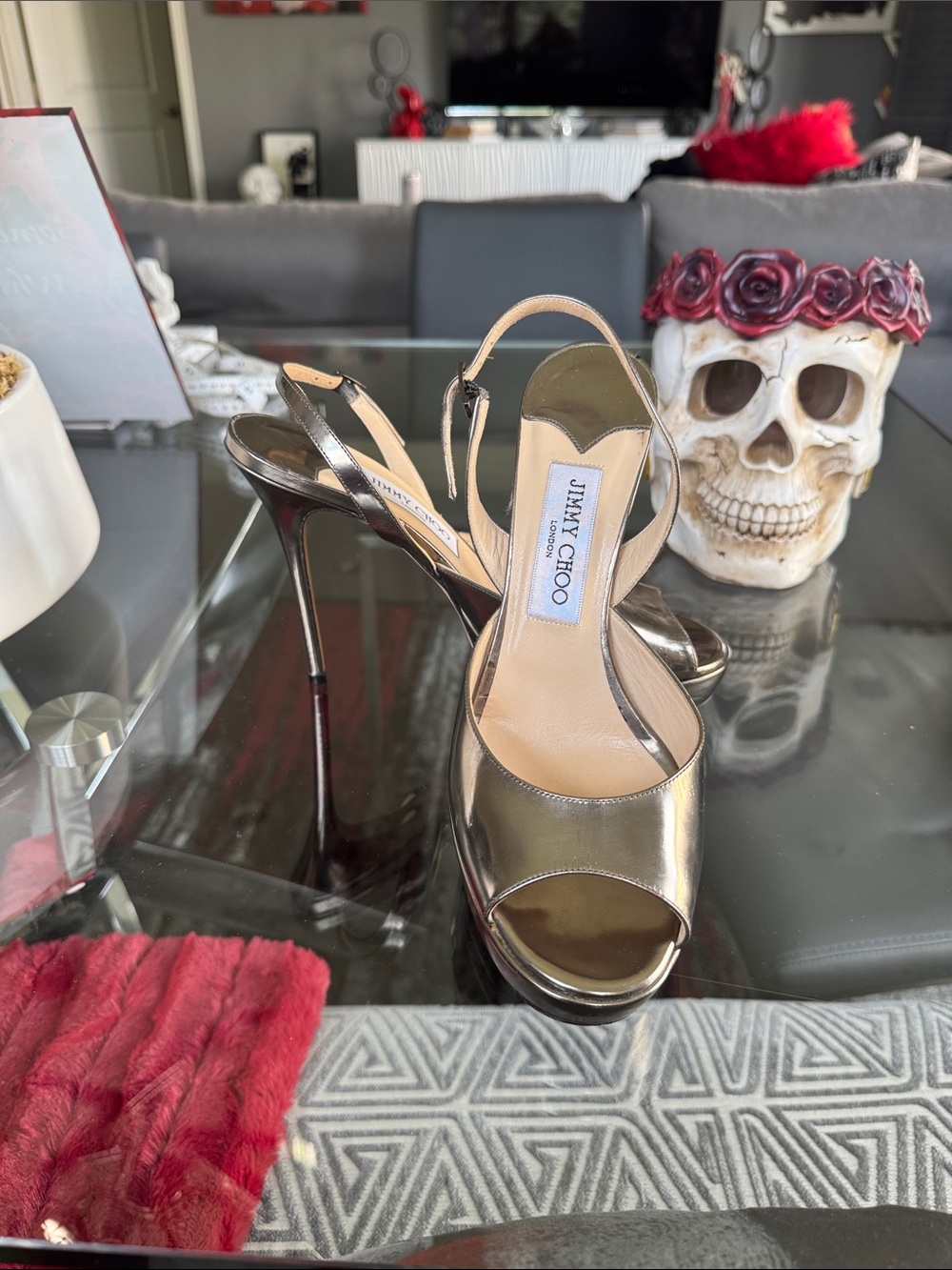 Jimmy Choo Gold Metallic Peep-Toe Slingback Platform Heels